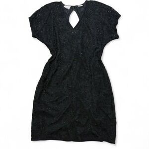 Stenay Vintage 100% Silk Black beaded floral V-neck dress short sleeve